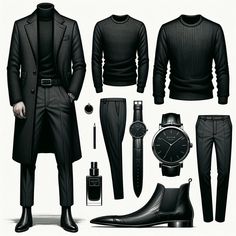 Revise the fashion illustration to include a high-quality black crew neck sweater, maintaining the mysterious and sophisticated outfit that complements the fragrance Ormonde Man by Ormonde Jayne. Keep the dark charcoal tailored wool coat, dark fitted trousers in fine wool or a wool-cashmere blend, black leather Chelsea boots with a slightly pointed toe, a minimalist black statement watch, and a silver signet ring. This update should reflect a casual sophistication, preserving the enigmatic allure and refined elegance suitable for a man of intrigue. Mysterious Clothes, Mens Outfits Dressy, Mysterious Man, Stylish Mens Suits, Herren Style, Classy Outfits Men