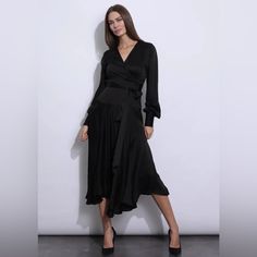 100% Pakistani Rayon Maxi Asymmetric Hem Long Sleeve Wrap Dress Dry Clean Only Evening Asymmetrical Knee-length Dress For Fall, Elegant Wrap Dress With Asymmetrical Hem For Date Night, Formal Spring Asymmetrical Dress With High-low Hem, Chic Asymmetrical Wrap Dress For Party, Elegant Asymmetrical Wrap Dress For Evening, Elegant Asymmetrical Evening Wrap Dress, Sleek Black Asymmetrical Dress, Formal Maxi Dress With Asymmetrical Hem For Fall, Evening Midi Dress With Asymmetrical Hem For Fall