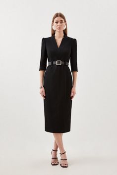 Structured Crepe Forever Belted Midaxi Pencil Dress | Karen Millen Elegant Fitted Belted V-neck Dress, Black Fitted V-neck Dress For Formal Occasions, Formal V-neck Midi Dress, Classic V-neck Semi-formal Dress, Elegant Fitted V-neck Dress For Semi-formal Occasions, Elegant Fitted V-neck Semi-formal Dress, Elegant Sheath V-neck Dress For Formal Occasions, Chic Bodycon V-neck Dress For Formal Occasions, Chic Formal Bodycon V-neck Dress