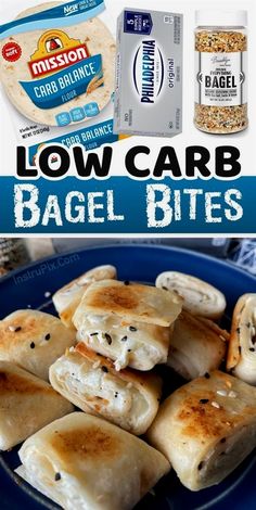 low carb bagel bites on a blue plate with an image of the ingredients