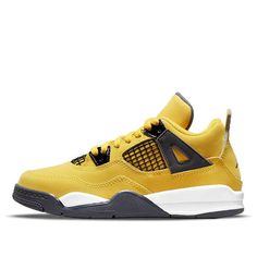 The 2021 reissue of the Air Jordan 4 Retro PS 'Lightning' is a must-have for any sneaker collection. This popular colorway was originally released in 2006 and is now available again for a limited time. The upper is crafted from smooth nubuck in a vibrant yellow hue, with signature wings in a dark grey finish. Black accents on the eyelets and netting add contrast, while Jumpman branding completes the look. The mid-top design rides on a white foam midsole and grey rubber outsole, delivering all-day comfort and style. (AJ4/SNKR/Mid Top/Basketball) Nike Air Jordan 4, Cute Nike Shoes, Jordan 4 Retro, Air Jordan 4, Cute Nikes, Air Jordan 4 Retro, Mid Top, Black Accents, Top Design