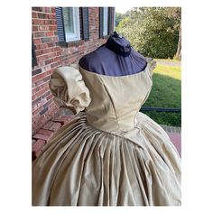 Wheat Watermarked Moire Civil War Ballgown waist size is 34 inches Available at CumberlandRiverSutlery.com #civilwar #civilwarreenactor #victorianfashion #livinghistory #americancivilwar #civilwardress #civilwarhistory #civilwaraesthetic #civilwarballgown #victorianballgown #ballgowndress 1860s Corset Dress, Victorian Ballgown, 1860s Day Dress Civil Wars, Cumberland River, Custom Gown, Ball Gown Dresses, Living History, Victorian Fashion