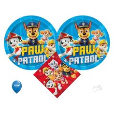 paw patrol party supplies including plates, napkins and balloons