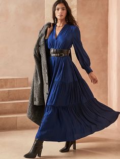 Petite Satin Tiered Maxi Dress | Banana Republic Maxi Dress Elegant, No Waist, Long Blue Dress, Classic Style Outfits, Maxi Sundress, Blue Maxi, Tiered Maxi Dress, Banana Republic Dress, White Striped Dress