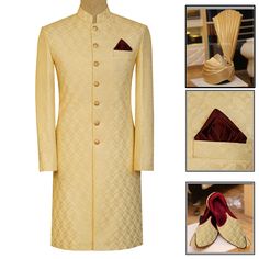 Self Design Golden Wedding Sherwani for Groom Golden Sherwani Grooms, Beige Sherwani For Wedding, Gold Naqshi Sets For Wedding, Gold Traditional Wear For Groom At Eid, Gold Nehru Jacket For Wedding, Gold Traditional Wear For Groom With Long Sleeves, Gold Traditional Wear For Groom At Diwali, Elegant Gold Nehru Jacket For Diwali, Gold Fitted Sherwani For Wedding