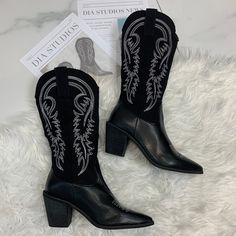 🤍Faster shipping on Diastudios.co.uk  Black Cowboy Boots with hand embroidered detail Sizes 2-6 available (UK sizing) UK Orders Posted with Free Fast Tracked Delivery (2-5 days) But... 📦 Delivery varies so please message for your estimated delivery date 🚚 Express shipping available, Please message me 🤍If you love these, check out my website, for discounts and new items: (Faster delivery for UK orders also available) diastudios.co.uk  🤍Discount code: 'NEWBIE' Western Heeled Boots For Winter Western-themed Events, Western-styled Heeled Boots For Winter Events, Western-style Heeled Boots For Winter, Western Style Heeled Boots For Winter Events, Western Wide Calf High Heeled Boots, Western Style Heeled Boots With Wide Calf, Western Style Wide Calf Heeled Boots, Black Knee-high Boots For Rodeo In Fall, Western Style High Heel Boots For Wide Calves