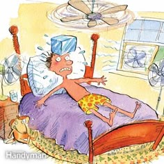 a cartoon man laying in bed with his head on the pillow and an umbrella above him