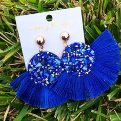 Royal Blue Tassel Earrings Chic Blue Summer Jewelry, Chic Blue Jewelry For Summer, Trendy Blue Tassel Drop Earrings, Blue Summer Tassel Dangle Earrings, Blue Tassel Dangle Earrings For Summer, Blue Drop Tassel Earrings For Summer, Adjustable Blue Tassel Earrings For Parties, Handmade Blue Tassel Earrings For Party, Red Bead Earrings