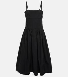 Pleated Cotton Blend Poplin Midi Dress in Black - Proenza Schouler | Mytheresa Formal Cotton A-line Midi Dress, Elegant Poplin Summer Dress, Elegant Poplin Dress For Summer, Elegant Summer Poplin Dress, Cotton Dress With Pleated Waist And Voluminous Skirt, Elegant Poplin Daywear Dresses, Elegant Poplin Dresses For Daywear, Cotton A-line Midi Dress With Ruched Detail, Cotton A-line Midi Dress With Pleated Bodice