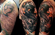 two different tattoos on the arms of men with dragon and flowers in black and grey colors