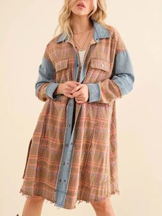 Plaid Garment Washed Denim Snap Up Oversized Long Shirt Jacket Dark Wash Long Sleeve Shacket With Button Closure, Outdoor Long Sleeve Flannel Shacket, Cozy Plaid Shacket With Pockets, Oversized Plaid Flannel Shirt With Pockets, Cozy Plaid Long Sleeve Shacket, Top Graphic Tees, Long Shirt, Loungewear Sets, Vest Dress