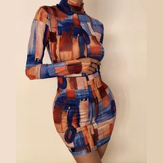 Fitted Knee-length Printed Mini Dress, Knee-length Fitted Printed Mini Dress, Printed Bodycon Mini Dress, Spring Printed Bodycon Mini Dress, Trendy Printed Mini Dress, Multicolor Printed Bodycon Mini Dress, Bodycon Printed Mini Dresses, Trendy Long Sleeve Printed Mini Dress, Trendy Fitted High Neck Dresses