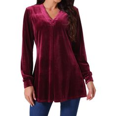 Women's Velvet Top V Neck Long Sleeves Solid Casual Tunic Blouse Loose T-Shirt. This retro-style shirt highlights your elegance and feels smooth and comfortable to the touch. Solid color, long sleeve, v-neck basic top. Regular fit. Perfect for pairing with jeans or leggings as well as heels. Suitable for work, business, office, daily wear, casual outings, shopping, dates, beach, vacation, home, school, parties, and other occasions in summer, spring, and fall. The velvet top is hot and comfortabl Lace Peplum Blouse, Casual Tunics, Lace Peplum, Velvet Top, School Parties, Loose Blouse, Velvet Tops, Basic Tops, Style Shirt