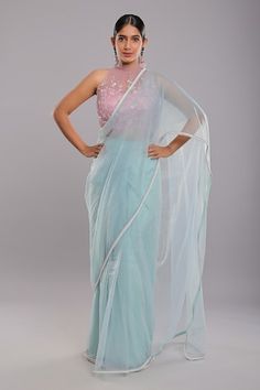 Ice blue pre-draped saree with embroidered border. Paired with pearl embroidered padded blouse. - Aza Fashions Organza Pre-draped Saree For Reception, Fusion Style Pre-draped Saree With Unstitched Blouse, Fusion Style Pre-draped Saree For Diwali, Diwali Fusion Style Pre-draped Saree, Draped Fitted Organza Saree, Fusion Style Pre-draped Saree With Zari Work, Fusion Style Saree With Unstitched Blouse, Fitted Fusion Saree With Traditional Drape, Draped Saree