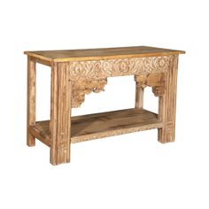 an old wooden table with carvings on the top and bottom shelf, isolated against a white background