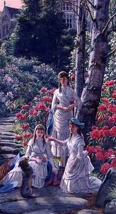 a painting of three women sitting on the ground in front of some flowers and trees