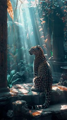 a large leopard sitting on top of a rock in the middle of a forest filled with plants