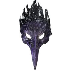 a purple mask with black feathers on it