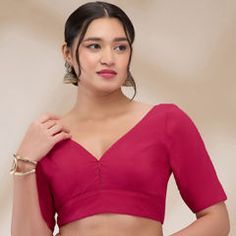 Pink and Majenta color Blouse in Blended fabric with Thread work Festive Padded V-neck Blouse, Festive Cotton V-neck Top, Unstitched Short Sleeve Blouse For Summer, Short Sleeve Unstitched Summer Blouse, Fitted Pink Padded Blouse Top, Fitted Pink Padded Blouse, Fitted Pink Padded Top, Elegant Cotton V-neck Blouse, Elegant Cotton Tops For Festive Occasions