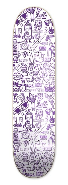 a purple and white skateboard with various stickers on it's bottom half