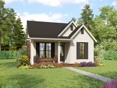 a small white house with a porch and black shutters on the front door is surrounded by greenery