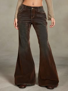 Vintage Hippie Western Style Distressed Velour Low Rise Wide Leg Jeans Brown Casual   Denim Plain Flare Leg Slight Stretch  Women Clothing, size features are:Bust: ,Length: ,Sleeve Length: 70s Boho Pants, Funky Bell Bottoms, Fall Color Pants, 70s Country Fashion, 70s Bottoms, 70s Western Fashion, Low Rise Bell Bottom Jeans, Jean Marron, Jenna Core