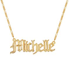 Our popular Golden Double Plated Gothic Name Necklace boasts a chic and elegant design, handcrafted to perfection. The model showcases the necklace with a 16-inch Figaro chain (see video for reference). You can personalize this item with Letters, Numbers, and Roman Numerals and choose from chain lengths of 14", 16", 18", and 20". Each chain features a lobster clasp closure for secure wear.Chain width:Cuban Chain - 3.7 mmFigaro Chain - 3 mm Closure: All chains are fitted with a lobster clasp Meta Elegant Personalized Yellow Gold Chain Necklace, Elegant Nameplate Necklace With Figaro Chain, 14k Gold Tarnish-resistant Nameplate Necklace, Elegant Figaro Chain Name Necklace For Anniversary, Elegant Name Necklace With Figaro Chain For Anniversary, Yellow Gold Plated Name Necklace Pendant, Gold Plated Yellow Gold Name Necklace Pendant, Personalized Sterling Silver Chain Necklace In Yellow Gold, Personalized Sterling Silver Yellow Gold Chain Necklace