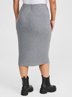 FIT Pencil silhouette. Measures 29” from waist to hem (size 2). MATERIALS + CARE Rib knit fabric. . 62% polyester, 33% rayon, 5% spandex. Machine wash cold. Line dry. . Imported. DETAILS 2” waistband. The best plus size women's midi rib column skirt pencil skirts in heather grey made of polyblend. Torrid is your destination for cozy fall and winter clothes to keep you warm and comfortable. Casual Gray Pencil Skirt, Fitted Elastane Bottoms Midi Length, Fitted Elastane Midi Bottoms, Stretch Cotton Midi Skirt, Casual Stretch Midi Length Bottoms, Casual Stretch Midi Bottoms, Knee-length Lined Elastane Skirt, Casual Elastane Skirt Bottoms, Casual Relaxed Elastane Skirt