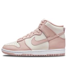 The Nike Dunk High 'Pink Oxford' is a stylish and classic sneaker for women. It features a two-tone colorway with a pink hue on the upper and tongue, and cream accents on the laces, lining and branding. The white midsole adds a bright contrast and the soft pink sole completes the design. This sneaker is perfect for everyday wear, and its timeless design makes it a great addition to any wardrobe. The inspiration behind the design is the 'Phantom' series, which celebrates the beauty of pink. (SNKR Rosa Jordans, Dunk Shoes, Pink Jordans, Nike High Tops, Jordan 4s, Cute Nike Shoes, Nike Sb Dunk, Nike Dunk High, Dunk High