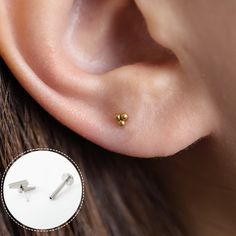 -Diameter: 3mm -Thickness: 1.5mm Solid Implant Grade Titanium 18k Gold Filled.  Hypoallergenic, Waterproof, Nickel Free and perfect for everyday wear. Single = 1 earring  ( for 1 ear, best for stacks, asymmetrical looks etc. ) Pair     = 2 earrings ( for 2 ears ) Please note that we sell 3 gauge sizes and 3 lengths for these earrings. If you require assistance with finding your perfect fit please let me know :) As a standard, Lobe piercings are 20G, Helix and Cartilage are 18G or 16G and Conch are 16g.  ♡ Gift wrapping and packaging ♡ We offer Gift boxes for every single Order. To save the environment and limit waste we offer 1 box per order. If you require more boxes please leave us a note at checkout :) ♡ SHIPPING ♡ All items are made with love and shipped out from Toronto Canada. !! FRE Gauge Sizes, Lobe Piercings, Tragus Conch, Flat Back Earrings, Titanium Earrings, Lobe Piercing, Semi Precious Jewelry, Tragus Earrings, 2 Earrings