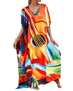 PRICES MAY VARY. Plus size kaftan cover ups for swimwear fits US size M-XXL, Bust:59.8" Length:51.6" Shoulder:34.2" Beautiful colors kaftan dress for women without being see-through Perfect weight-it is not sheer,it is not heavy.Made of lightweight fabric,comfy and roomy,washes and drys well This long cover up dress provides enough coverage from the sun,perfect for hot summer days when you are outside Great as a beautiful swimsuit cover and poolside loungewear,could be worn as summer dress for c Vibrant Print V-neck Kaftan For Beachwear, Multicolor Print V-neck Beach Dress, Flowy V-neck Beach Dress For Resort, Multicolor V-neck Vibrant Print Beach Dress, Multicolor Print Summer Dress For Vacation, Summer Multicolor Print Dresses For Beach Season, Summer Dresses In Multicolor Print For Beach Season, Summer Dresses With Multicolor Print For Beach Season, Multicolor Print Summer Vacation Dress