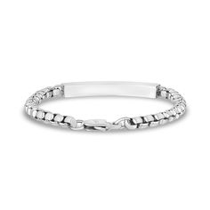 The round box link bracelet is a very popular bracelet worn by many men. We have decided to add a twist to this bracelet and make it engravable. Now you can personalize this round box link bracelet with the engraving of your choice. Available in silver, gold and black. Product DetailsWidth: 5mm (0.2")ID Dimensions: 42mm x 6mm (1.65" x 0.24")Finish: Shiny Classic Engraved Metal Chain Bracelet, Metal Link Bracelets With Engraving, Engraved Metal Link Bracelets, Classic Stainless Steel Oval Link Bracelet, Classic Silver Name Bracelet With Jubilee Detail, Classic Engraved Link Chain Bracelet, Engraved Metal Bracelet With Oval Links, Modern Engraved Round Bracelet, Classic Round Bracelet With Box Chain