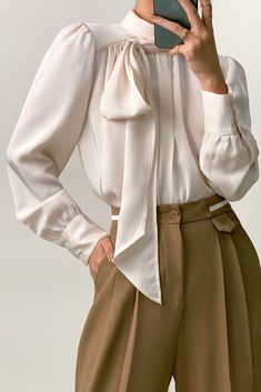 Floral White Satin High Neck Long Sleeve Blouse With Neck Tie – Ifomt Chic Satin Office Tops, Solid Tie Neck Blouse For Work, Elegant Collared Tops In Solid Color, Spring Satin Blouse For Office, Solid Color Tie Neck Blouse For Office, Feminine Satin Tops For Work, Feminine Satin Tops For Workwear, Satin Blouse For Office, Elegant Solid Color Tie Neck Tops