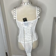 Wow Couture Size Large New With Tags White W/ Gold Studs Bandage Material Side Zipper Ribbon Corset Back Stretchy Good Condition White Corset Back Top For Party, White Stretch Corset For Party, White Corset For Club, White Fitted Corset For Club Wear, White Fitted Corset For Club, White Bandage Corset For Party, Sleeveless Bandage White Corset, White Fitted Top For Costume Party, White Sleeveless Bandage Corset