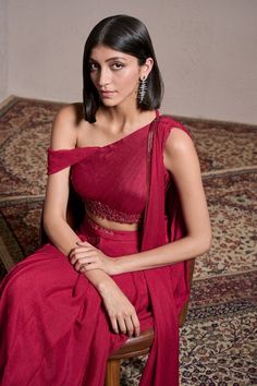 Red crepe georgette pre-draped saree with sequins hand embellishments. Comes with a padded blouse. - Aza Fashions Draped Saree, Padded Blouse, Drape Saree, Blouse For Women, Saree With Blouse, Aza Fashion, Berry, Destination Wedding, Embellishments