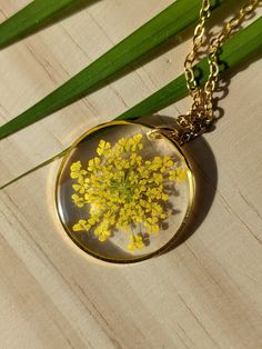 a yellow flower in a glass pendant on a wooden surface with green grass behind it