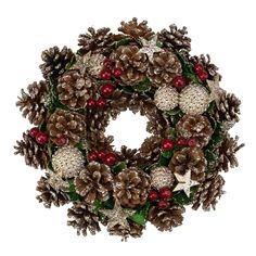 a christmas wreath with pine cones and berries