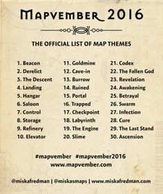 the official list of map themes for may 2016, with names and dates in english