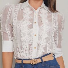 Blouse Color White Chic Button-up Lace Blouse, Chic Button-up Blouse With Lace Top, Chic Lace Top Button-up Blouse, Elegant Lace Top Shirt For Summer, Chic Spring Button-up Blouse, Feminine Lace Button-up Top, Feminine Lace Top With Button-up Design, Elegant Spring Shirt With Lace Top, Button-up Lace Top For Work