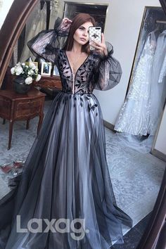 Style: 18736 Closure: Zipper Details: Zipper, V-Neck, Bra Cups, Applique, Long Sleeves, Back Cut Out, A-line Fabric: Tulle, Satin Neckline: V-Neck Silhouette: A-line Formal Prom Dress, Formal Evening Dress, Illusion Neckline, Tulle Gown, Womens Size Chart, Long Prom Dress, Formal Evening Dresses, Zipper Detail, Bra Cups