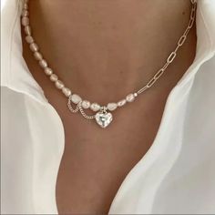 Jewelry | New 925 Sterling Silver Pearl Asymmetrical Heart Necklace | Poshmark Stamped Necklaces, Baroque Pearl Necklace, Davao, Bride Jewelry, Silver Heart Pendant, Chain Choker Necklace, Silver 925 Necklace, 925 Sterling Silver Chain, Elegant Necklaces