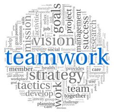 the word teamwork is shown in blue and white