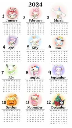 a calendar for the new year with cartoon animals on it and numbers to each month