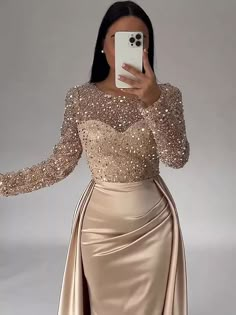 Mermaid Sequin Gold Dresses Evening Gown Ruched Satin Dress Long Sleeves Floor Length Sparkle Illusion Neck Prom Wedding Guest Dress with Pearls Overskirt dress to impress 2024 2024 - $136.99 Champagne Satin Dress, Fall Wedding Reception, Shine Dress, Cocktail Dress Elegant, Satin Dresses Long Sleeve, Sequin Evening Gowns, Satin Dress Long, Evening Dresses Online, Cheap Evening Dresses