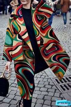 Multicolor Printed Wide Lapel Coat | BestDealBuys Fall Fashion Coats, Mode Kimono, Afrikaanse Mode, Lapel Coat, Long Overcoat, Lapel Jacket, Looks Street Style, Print Coat, Long Sleeves Coats