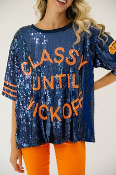 CLASSY UNTIL KICKOFF TIGER SEQUIN TOP gameday23 Judith March SMALL Collegiate Style Blue Tops For Fall, Orange Team Spirit Tops For Sports Events, Orange Tops For Fan Gear With Team Spirit, Orange Tops For Sports Events With Team Spirit, Varsity Blue Tops For College, Varsity Style Blue Top For College, Blue Tops For Cheerleading With School Spirit Style, Blue School Spirit Tops For Fall, Fall Cheerleading Top With Letter Print