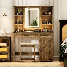 a bedroom scene with focus on the dressing table and mirror, which is decorated in rustic style