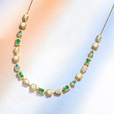 Ross-Simons - Opal, 4.5-5mm Cultured Pearl Necklace, 2.40ct t. w. Emeralds, 2.00ct t. w. Swiss Blue Topaz Over Sterling. 18". Lighthearted gemstone hues in boldly shaped stations make this lovely necklace a true statement piece! Features 6x4mm pear-shaped opal cabochons, 4.5-5mm cultured freshwater button pearls, 2.40 ct. t. w. oval emeralds and 2.00 ct. t. w. pear-shaped Swiss blue topaz gems in 18kt yellow gold over sterling silver. Textured and polished finishes. Includes a 2" extender. Cable chain. Springring clasp, Swiss blue topaz, emerald, white pearl and opal necklace. Emerald birthstones are the perfect gift for May birthdays. Opal Gemstone Necklaces In Fine Jewelry Style, Emerald And Opal Necklace, Luxury Opal Necklace With 17 Jewels, Luxury Opal Gemstone Necklaces, Classic Opal Multi-stone Jewelry, Emerald Birthstone, Fine Jewelery, Cultured Pearl Necklace, Swiss Blue Topaz