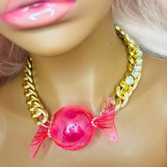 Give Your Day A “Sugar Rush”, Wearing This Delightful Handmade Candy Charm Necklace. It Features A Unique Barbie Pink Acrylic Pendant Shaped Like A Delicious Piece Candy, With A Rich Gold Chain. The Candy Charm Serves As A Multifunctional Piece, It Opens Up And Becomes A Perfect Stash Spot For Breath Mints Or Any Other Small Objects You Fancy. Cute Party Jewelry With Chain Detail, Cute Party Jewelry With Chain, Cute Pink Gold Jewelry For Party, Sweet Pink Necklace For Party, Sweet Pink Necklaces For Party, Trendy Pink Party Jewelry, Trendy Pink Jewelry For Birthday, Trendy Pink Gold Jewelry For Party, Trendy Pink Necklace For Birthday