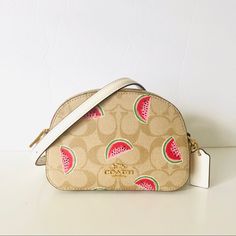 Nwt Coach Mini Serena Crossbody In Signature Canvas With Watermelon Print In Red & Green On Light Khaki Brown Coated Canvas W/ White Smooth Leather Strap And Gold Hardware. This Cute Little Mini Bag With The Fun Floral Watermelon Fruit Print Is Perfect For Summer. It Can Fit An Iphone X With Case. Nothing Bigger Than That. Color: Im/Lt Khaki/Red Multi Details: 2 Credit Card Slots Zip Closure, Fabric Lining Outside Slip Pocket Detachable Strap Drop 23" For Shoulder Or Crossbody Wear Style 2627 Coach Summer Shoulder Bag For Everyday, Coach Bags For Summer Travel, Coach Bags For Daily Use In Summer, Summer Coach Shoulder Bag For Everyday Use, Coach Bags For Travel In Summer, Coach Travel Bags For Summer, Chic Summer Coach Bags, Summer Travel Coach Bags, Watermelon Purse